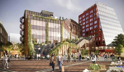 Embassy of Sharings torg med Drivbänken och Fyrtornet Hyllie Stationsväg 41