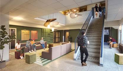 Entrén till fastigheten har stora fönsterpartier och är både ljus och luftig. Carl Skottsbergs gata 22B