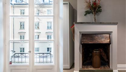 Detaljbild på balkong och öppen spis Sturegatan 46